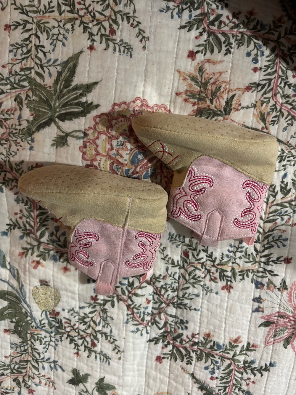Pink and Tan Baby Booties with Embroidered Accent